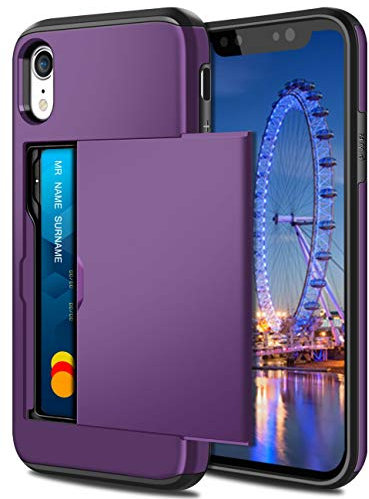 Coolden for iPhone XR Case Wallet Case Cover Armor Shockproof Case Heavy Duty Hard Back Soft Rubber Bumper Protective Phone Case Card Holder Slot Wallet Case Cover for iPhone XR 6.1 inch (Purple)