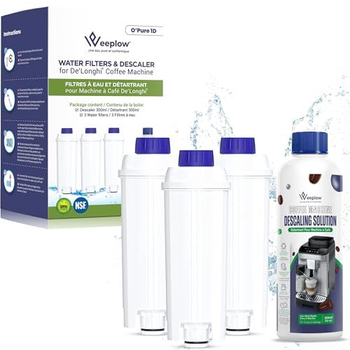 Weeplow® - 3 Filtres à Eau Compatibles Delonghi DLSC002 et un Détartrant 300ML, Kit d’Entretien Complet Pour Machine à Café Magnifica, Dinamica, Autentica, Primadonna, Séries ECAM ESAM ETAM