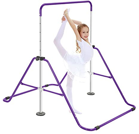 Trintion Gymnastics Bar Folding Training Equipment Gymnastic Kids Horizontal Bar Adjustable Height 84-130cm for Girls Boys Home Indoor Outdoor Purple