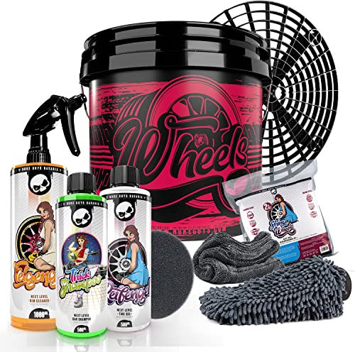 Nuke Guys professionelles Auto Waschset für die optimale Handwäsche: Nuke Guys Wascheimer 3,5GAL, Thick Shampoo, Felgenreiniger, Reifengel, Shiny Wheels Mikrofaserset, Appilkator + Grit Guard