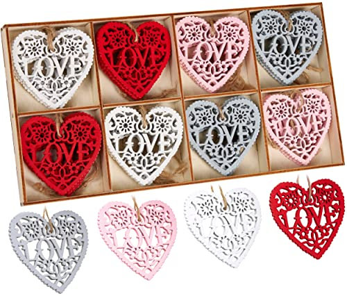BRUBAKER 24-TLG. Dekoanhänger Love Set - Holzanhänger Herzen ca. 6 cm - Weihnachtsanhänger Liebe - Holz Deko für Valentinstag, Weihnachten oder DIY Dekorationen - Rot, Weiß und Pastellfarben