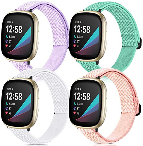 4 Stück dehnbare Bänder kompatibel mit Fitbit Versa 3Fitbit Versa 4Fitbit Sense 2Fitbit Sense Armbänder Damen Herren, verstellbare, elastische, atmungsaktive Schlaufe Nylon Ersatzbänder für Fitbit