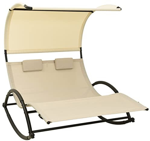 Makastle Doppel-Sonnenliege Doppelliege mit Sonnendach und Zwei Kissen, Relaxliege für 2 Personen, Gartenliege Schaukelliege ergonomisch geformte Liegefläche aus Stahlrahmen und Textilene, Creme