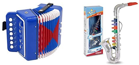 Voggy's Akkordeon / 7 Töne 2 Bässe und Luftventil - Das Kinder-Akkordeon im fröhlich-farbigen Design, ca. 180x175x100 mm & Bontempi 32 4331 Saxophon mit 8 farbigen Tasten/Noten. L. 415 mm