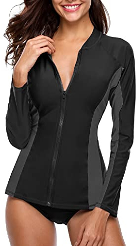 ATTRACO Damen Rashguard Badeanzug Reißverschluss vorne Sonnenschutz Schwimmshirt UPF 50+, Schwarze Spleiße., S