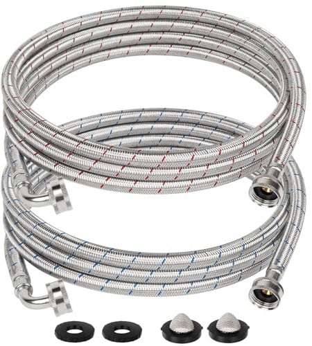 12 FT Washing Machine Hoses with 90 Degree Elbow, 3/4 FHT Stainless Steel Washer Hoses, for Long-Distance Water Supply in Lar Residences, Red & Blue (2-Pack)