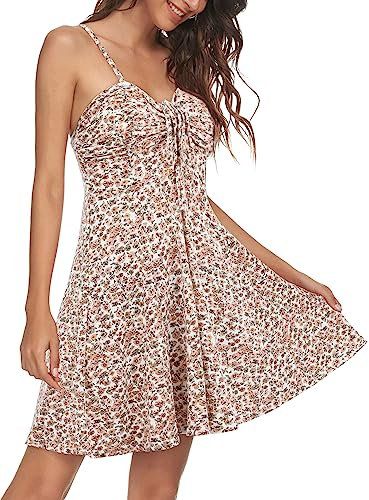 Missufe Robe d'été pour femme Swing Robe décontractée à bretelles spaghetti Cami, Motif floral rose blanc, XS