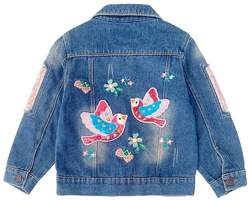 Peacolate 4-11Jahre kleine Mädchen Jeansjacke Pailletten sticken Vögel und Blumen Frühling Herbst Denim Mäntel (Vogel Blumen,9-10Jahre)