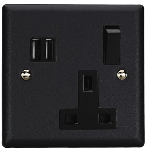Varilight Single Plug Socket With USB Charging - Urban Matt Black With Black Insert, XY4U2SB.MB