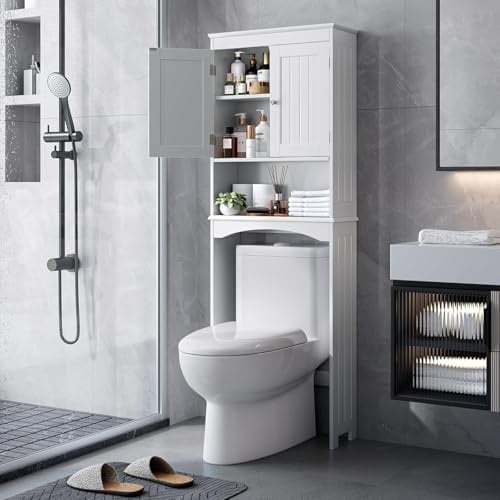 Bealife Estantería para Inodoro con estantes Ajustables de 3 Niveles, Armario de Pared Independiente con Puertas Dobles para baño, Blanco