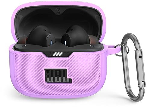 MOWYEOK Silikon Hülle kompatibel mit JBL Tune 230NC TWS, Tragbare Kratz und stoßfeste Silikonhülle, Front LED sichtbar, für JBL Tune 230NC Gehäusezubehör, mit Karabiner - Lila