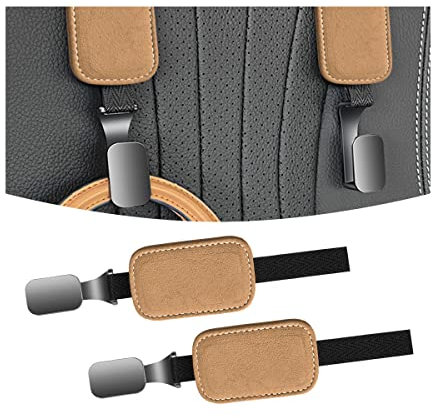 JNNJ 2PCS Auto Rücksitz Kopfstütze Haken, Automotive Lagerung Tasche Haken, Fahrzeug Rücksitz Wildleder Kleiderbügel zum Aufhängen von Taschen Lebensmitteln(Beige-Gelb)