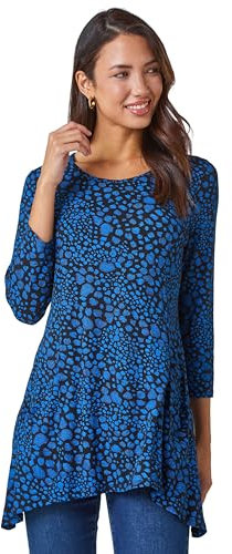 Roman Originals Swing Top with Pockets for Women UK Ladies Hanky Hem Asymmetric Tunic Blouse Longline Long Stretch Jersey Casual Round NeckTee Shirt T-Shirt - Blue Black - Size 10