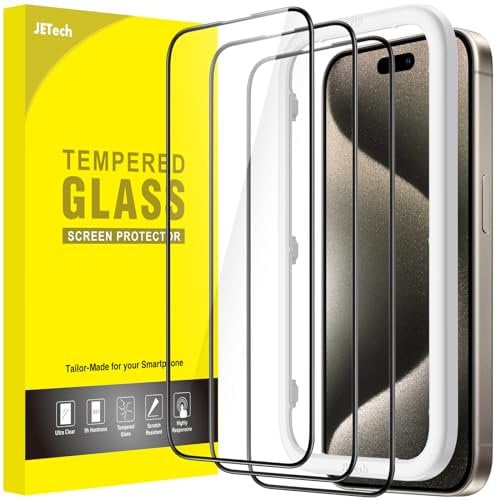 JETech Protector de Pantalla Cobertura Completo para iPhone 15 Pro Max 6,7 Pulgadas, Borde Negro Cristal Vidrio Templado, con Marco de Instalación Fácil, HD Transparente, 3 Unidades