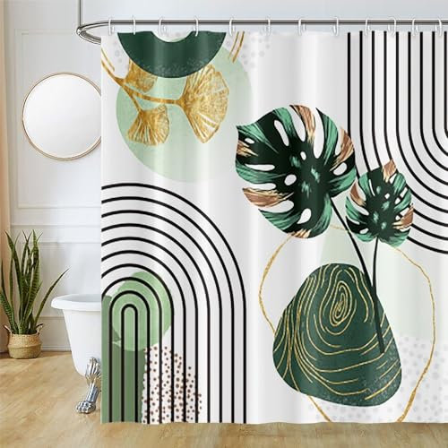 Uiiooazy Duschvorhang 180x180cm, Duschvorhang Anti Schimmel Boho Style Tropisch Grüne Gold Palmenblätter Dschungel Duschvorhänge Stoff Waschbar Wasserdicht Polyester Bad Vorhang mit 12 Haken