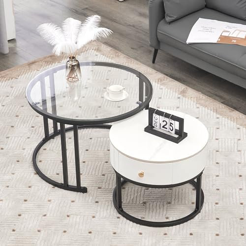 Moderner Rund Marmor Couchtisch 2er Set, Beistelltisch Satztisch mit Glas und Marmor Schieferplatte, Schubladen aus Massivholz, Sofatisch, Kaffeetisch, für Wohnzimmer, Schlafzimmer, 70×70×45,5 cm