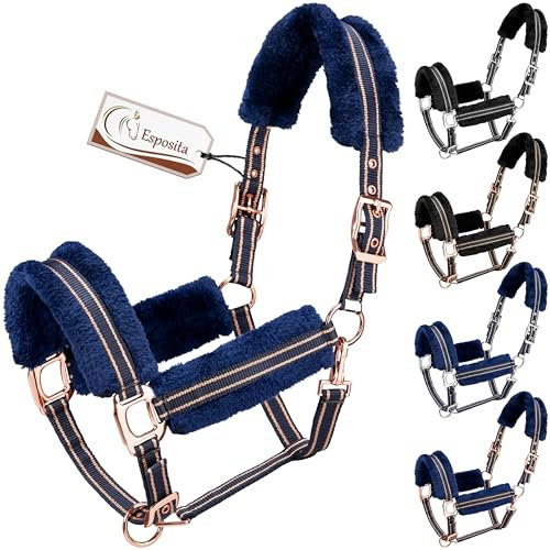 Esposita Halfter Champion Edition Stallhalfter Fellhalfter Flauschhalfter weich unterlegt mit Kunstfell flauschig (Cob/VB, Navy/Rosegold)