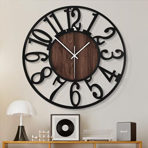 HAITANG 60cm Große Schwarz Wanduhr, Wohnzimmeruhr, Dekoration Vintage-Stil wanduhr lautlos Metall Holz wanduhr für Bauernhaus, Esszimmer, Schlafzimmer, Küche, Zuhause XXL Wanddekoration