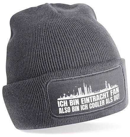 Beanie Strickmütze mit Spruch | Ich bin Eintracht Fan also bin ich cooler als du! | grau | weiche und warme Fußball Mütze für Frankfurt Fan | Skyline | SoftTouch Einheitsgröße für Erwachsene