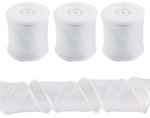Beadthoven Polyesterband, glitzernd, durchscheinend, 60 mm, weiß, schimmernd, schillernd, Chiffonbänder für Hochzeitskleidung, Schleife, Blumendekoration, 3 Rollen