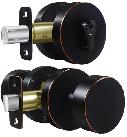 Bouton de porte extérieure avec serrure à pêne dormant monocylindre, poignée de porte d'entrée ronde avec serrures à pêne dormant, ensemble de serrure de porte avant en bronze, poignée de porte avant