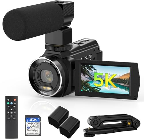5K Video Camera Camcorder UHD 48MP 60FPS WiFi Vlog Camera for YouTube 10X Optical Zoom Camcorders with Remote Control, Handheld Stabilizer, Microphone, 2 Batteries, Large Aperture, 64 GB Memory Card