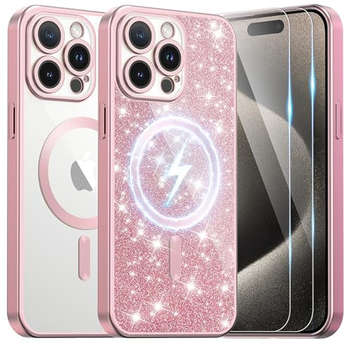 Ethanger for iPhone 15 Pro Max Case with 2 Screen Protector Compatible with MagSafe, Magnetic Cover Shockproof Frosted Bumper with Glitter Card and Wrist Strap for Women Girls, Titanium Pink