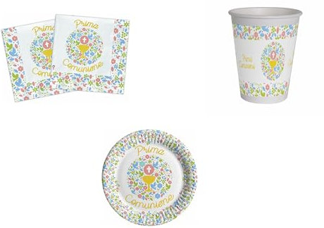 CUSTOM PRINT SHOPPING PRIMA COMUNIONE Coordinato ADDOBBI TAVOLA COMUNIONE FESTA PRIMA COMUNIONE party PER 24 OSPITI KIT(24 PIATTI,24 BICCHIERI,40 TOVAGLIOLI)