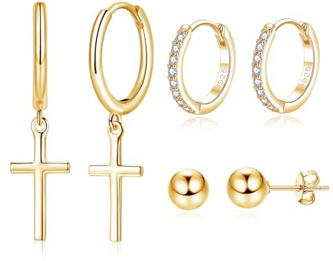 Loutade 925 Sterling Silber Creolen & Ohrstecker Set - 3 Paare Hypoallergen Schlafen Ohrringe für Frauen - Runde Kugel & Kreuz Design in Silber und Gold