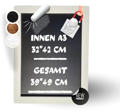 ELAFI® Magnetische Kreidetafel white 39x49cm Schreibtafel zum Aufhängen A3-Schreibfläche anthrazit schwarz Schiefertafel mit Rahmen Magnettafel aus Kiefernholz Wandtafel & Jute Seil zum Aufhängen