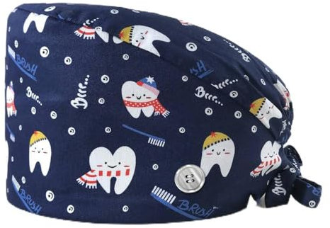 SMTSEC 2 Stück Zähne Bedruckte Scrubs Mütze mit Knöpfen Verstellbare Baumwoll Scrub Cap Bouffant Mütze Damen Scrubs Hüte Unisex Stillkopfbedeckung,I,Einheitsgröße