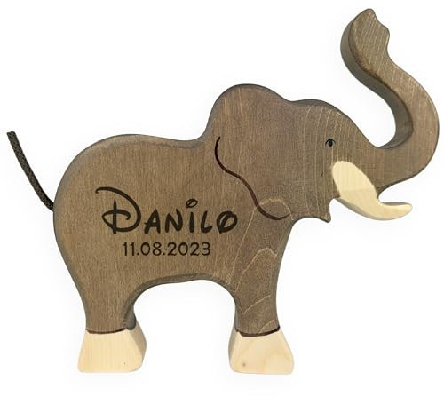 Holztiger Elefant personalisiert mit Wunschgravur Name Text Baby Kind Geschenk Geburt Taufe Geburtstag Holzspielzeug Holztier Kinderzimmer