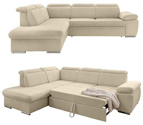 Cord Ecksofa 283x228 cm mit Schlaffunktion, Bettkasten und verstellbaren Kopfstützen, Wellenunterfederung, Liegefläche 130x198 cm, Ottomane links, Cord-Bezug in Beige Grau / 17218