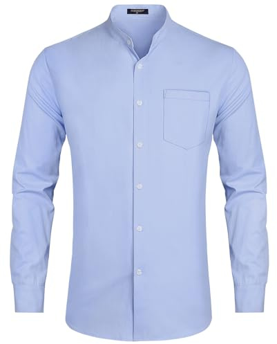 HISDERN Grandad Collar Shirts for Men Long Sleeve Mens Light Purple Shirts for Men UK Wedding Casual Collarless Cotton Shirts M