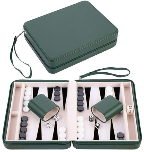 Engelhart - 250503 – Backgammon-Tasche für Reisen, 9 Zoll, Grün, mit Reißverschluss – Innenseite: cremefarben/schwarz/weiß – inklusive Zubehör