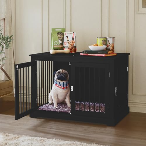 HOLTICO Medium Dog Crate Furniture with Cushion, Wooden Dog Cage, Black