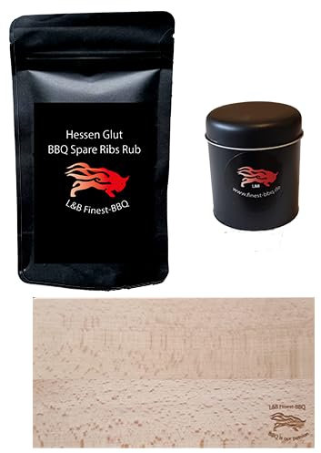 Hessen Glut BBQ Rub Set mit Sparibs Rub würzig, 1 Hand Snack Brettchen, 1 Gewürzstreuer - das perfekte Set für den BBQ Liebhaber, hochwertige Grill-Gewürze mit dem extra Geschmack