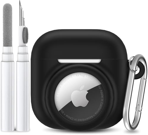 LDSXAY 2 in 1 Silicone Case Compatible with AirPod 4 and AirTag, Shockproof Protective Skin Cover for AirPods 4th Generation with Cleaner Kit & Carabiner (Black)