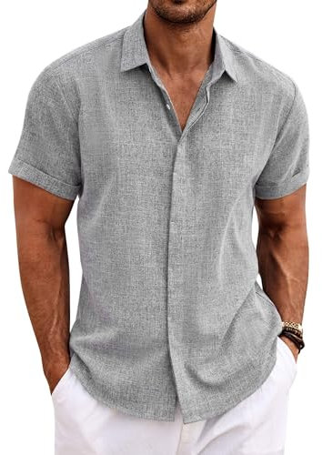COOFANDY Summer Shirts Men Short Sleeve Linen Button Down Casual Beach Holiday Shirt Grey XL
