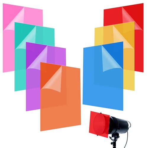 7 Pcs Gel Light Filter, Color Overlays Lighting Filter Transparent Color Film Plastic Sheets for Photo Studio Light Video Photography Strobe, 8.3 by 11.8 Inches, 7 Colors
