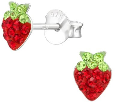 Monkimau Erdbeere Kinder Ohrringe | mit Kristallen 925 Silber | Mädchen Ohrstecker Schmuck | Hypoallergen & Nickelfrei | Kinderohrringe Geschenkidee