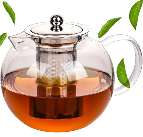 CRYSTALIA Premium Borosilicate Clear Glass Teapot with Infuser, 1500ml 100% Lead Free Heat Resistant Glass Tea Pot Infusers for Loose Tea, Herbal Tea Pot, Sage Tea Maker, Chai Pot, Infusion Teapot