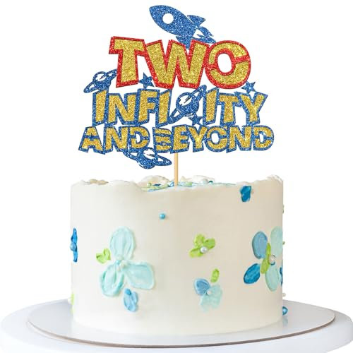 Two Infinity & Beyond Cake Topper - Boy Girl Kid 2nd Birthday Cake Supplies - Two Years Old - Outer Space Birthday Party Decoration - Blue Glitter