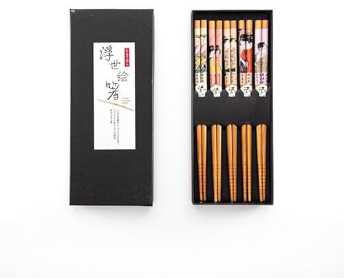 Bamboo Chopsticks Set, 5 Pairs of Stylish Japanese Wooden Chopsticks in Black Box - Perfect Reusable Cooking & Dining Gifts for Anime Fans and Beginners (Ukiyo-e New)