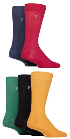 Farah Mens Bamboo Socks, Plain, Patterned, Striped, Argyle, Spotty Designs, Bright Colours, Gift for Him, Pack of 5 - Plain Red/Purple/Yellow 6-11