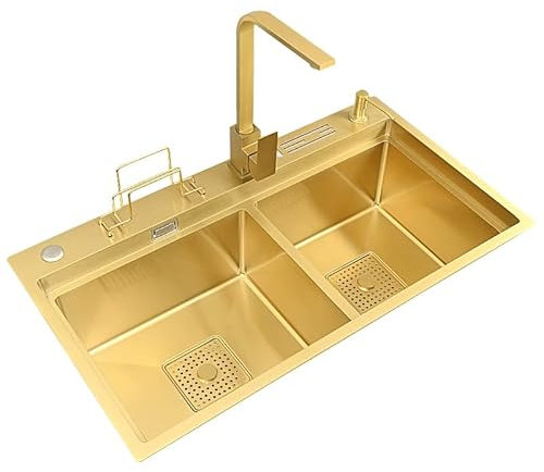 Fregadero de cocina multifuncional de acero inoxidable dorado con tabla de cortar, accesorios para fregadero con grifo, fregadero de cocina de dos senos, fregadero empotrado sobre plataforma.