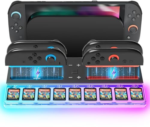JZW-SHOP Stazione di ricarica compatibile con Switch 2 Joy-Con, fino a 4 controller, con slot per schede di gioco con luci RGB a 7 colori, dock di ricarica rapida
