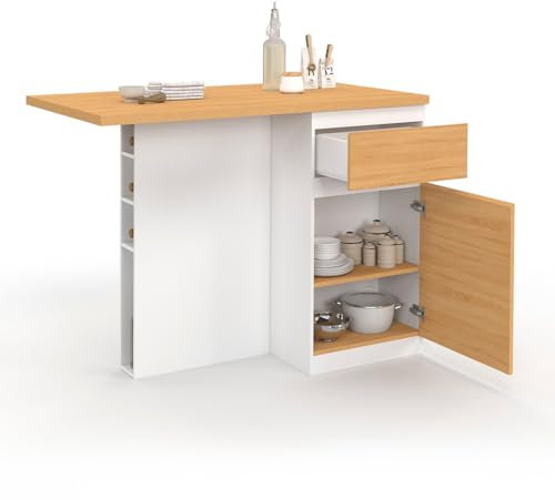 IDMarket – Ilot Central Tino – 120 cm con botellas, 4 personas, madera blanca con encimera de haya
