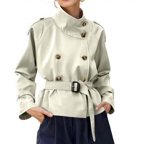 Kurzer Trenchcoat Damen Einfarbig Kurzmantel Übergang Elegant Mantel Damen Zweireihig mit Gürtel Trench Coat Kurz Stehkragen Windjacke Leicht Jacke mit Knöpfen Übergangsjacke Herbstjacke Casual