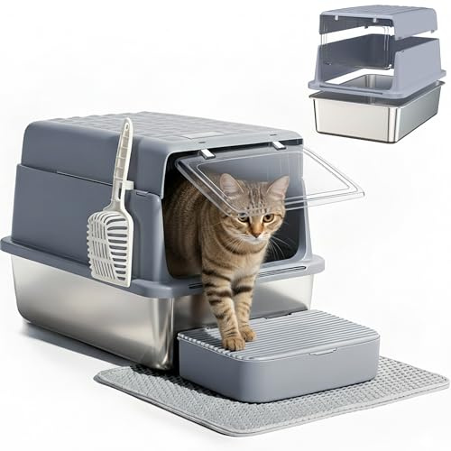 Jumbo Stainless Steel Cat Litter Tray, XXL 3-in-1 Large Enclosed Cat Litter Box with 120° Flip Lid, Mat, Cat Litter Scoop and Steps, Heavy-Duty High Sided Smell Free Leak-Proof for Multi-Cat, Grey